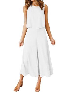 Women's Summer 2 Piece White Round Neck Crop Top Cropped Wide Leg Jumpsuit